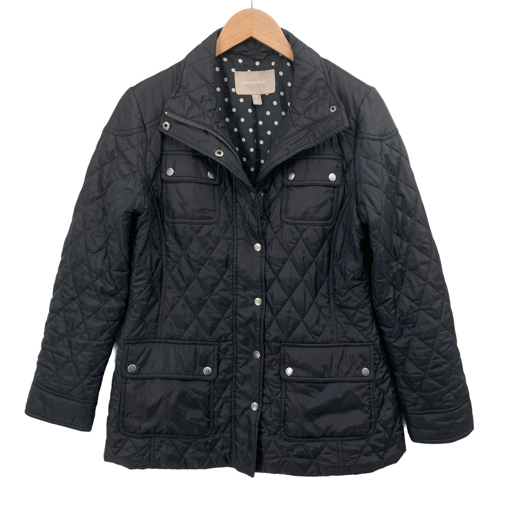 Banana Republic Large Petite Quilted Jacket Dark Green Snap Zip Polka Dot Lined